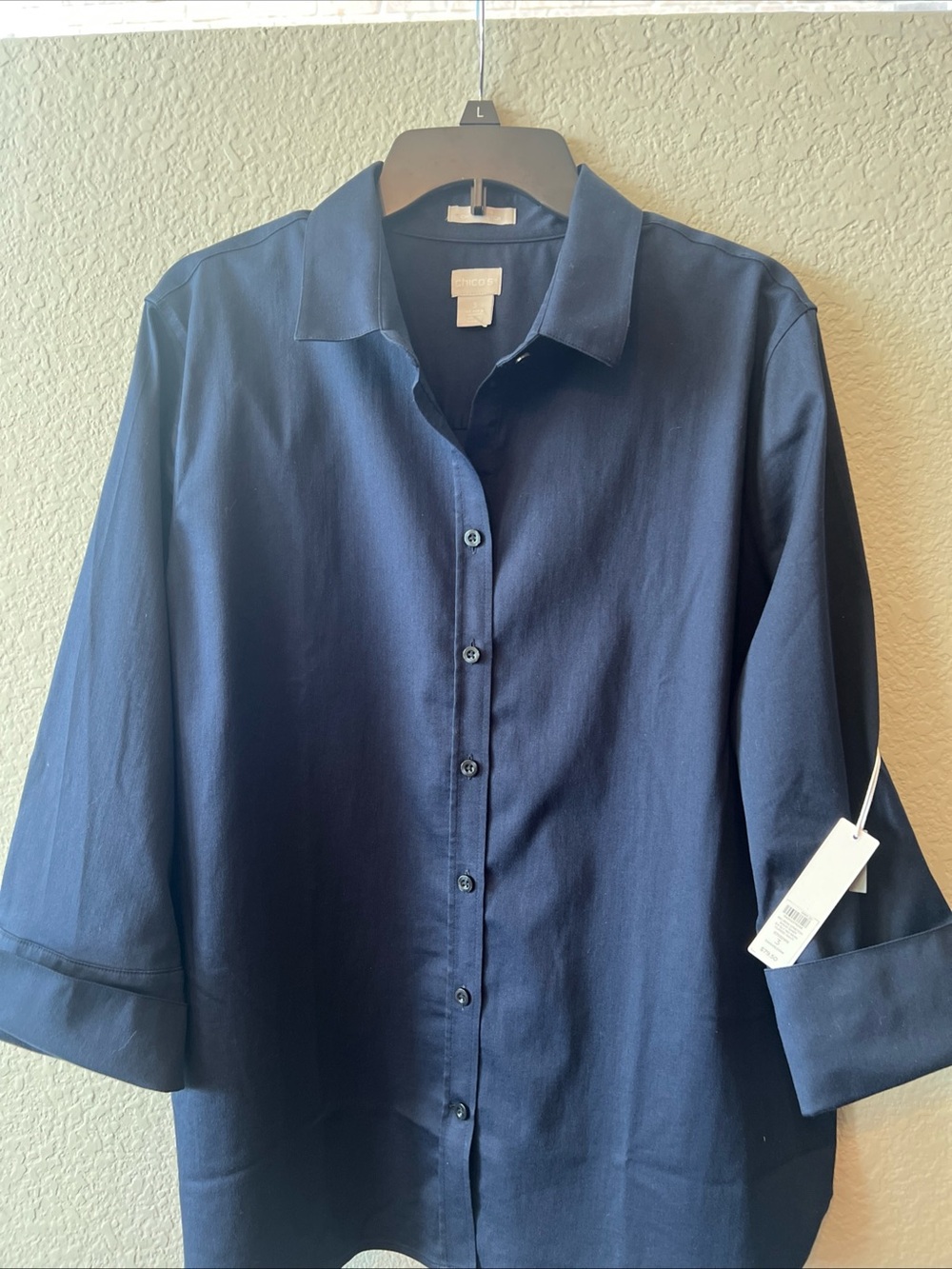 Chico's Navy Button-Front Long-Sleeve Shirt size 3 No Iron Stretch Shirt NWT